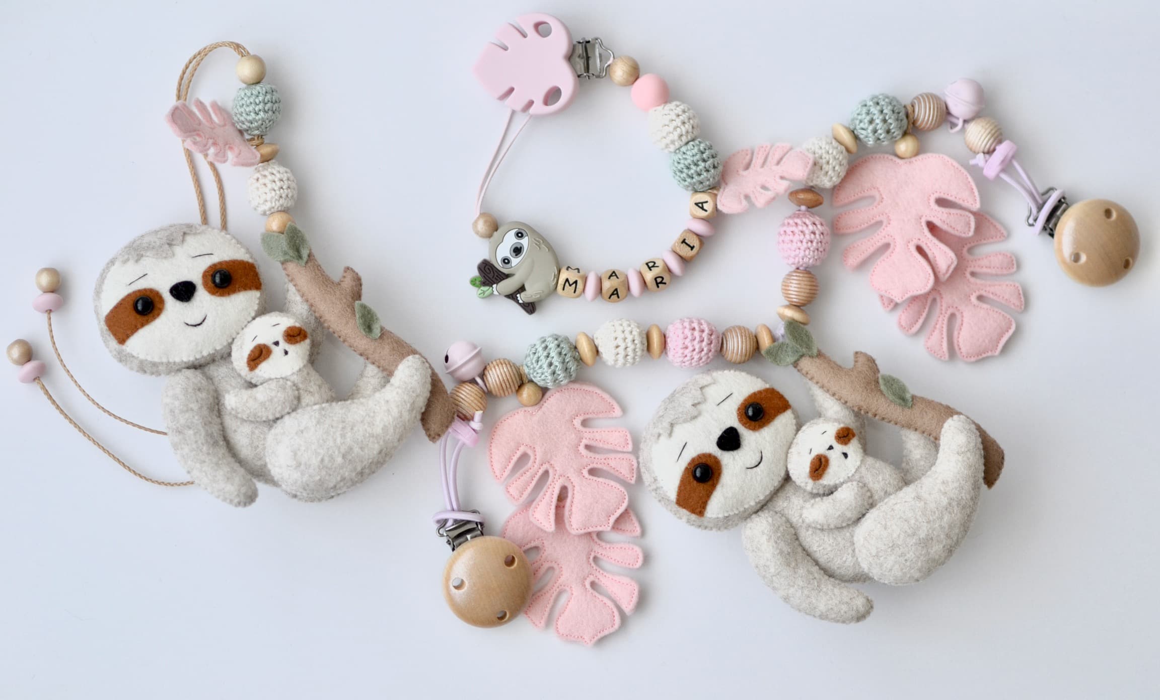 Sparset Mädchen, Kinderwagenkette, Schnullerkette Faultier, Geschenk Geburt Taufe