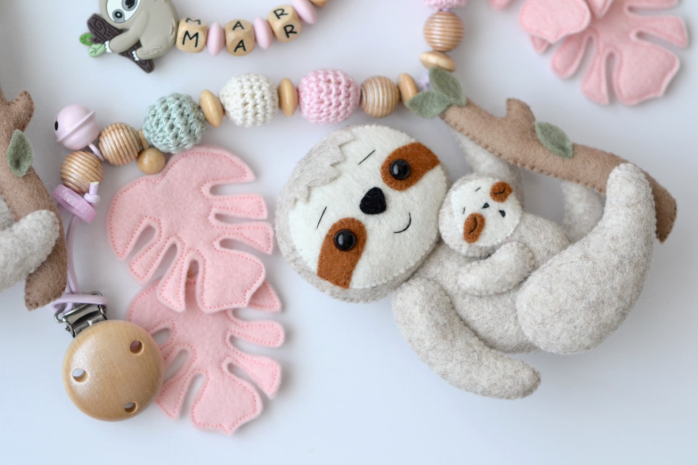 Sparset Mädchen, Kinderwagenkette, Schnullerkette Faultier, Geschenk Geburt Taufe - 2