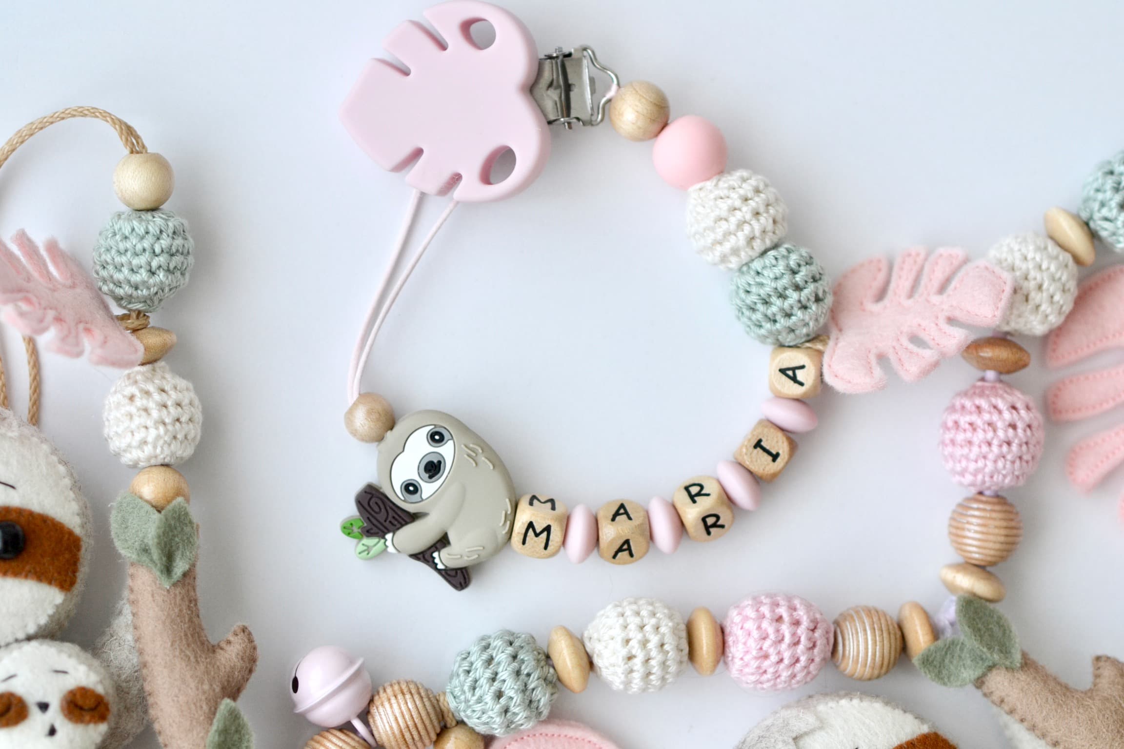 Sparset Mädchen, Kinderwagenkette, Schnullerkette Faultier, Geschenk Geburt Taufe - 3